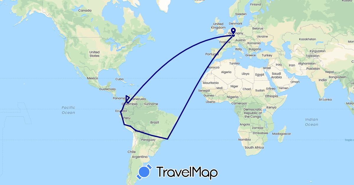 TravelMap itinerary: driving in Bolivia, Brazil, Colombia, Germany, Ecuador, Peru (Europe, South America)