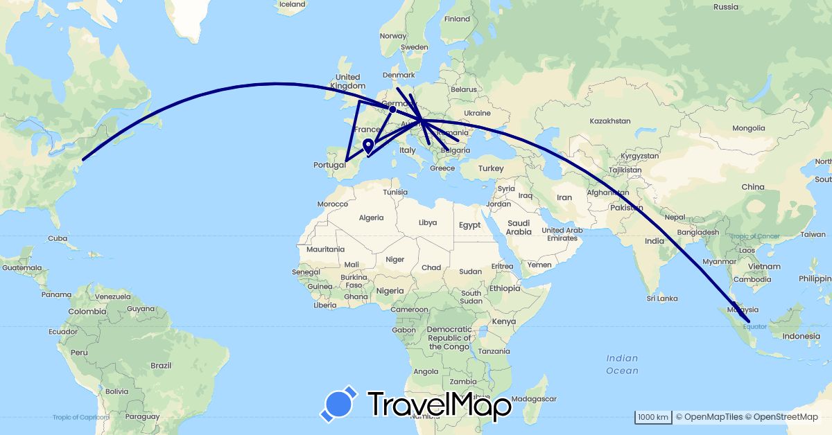 TravelMap itinerary: driving in Austria, Bosnia and Herzegovina, Bulgaria, Germany, Spain, United Kingdom, Malaysia, Romania, Singapore, United States (Asia, Europe, North America)